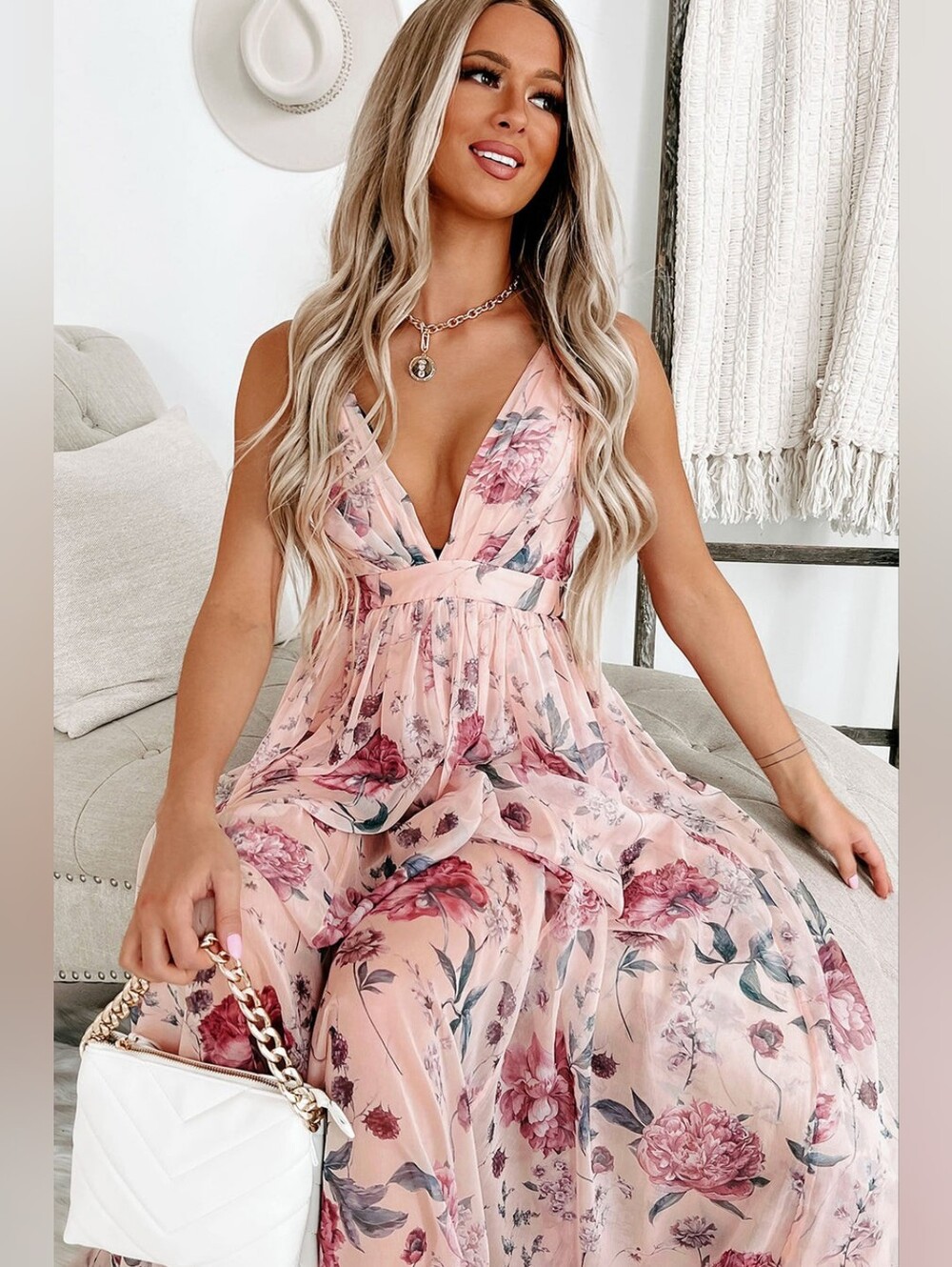 Blushing Peony Pink Floral Sleeveless Maxi Dress With V-Neck - Picture 3 of 11